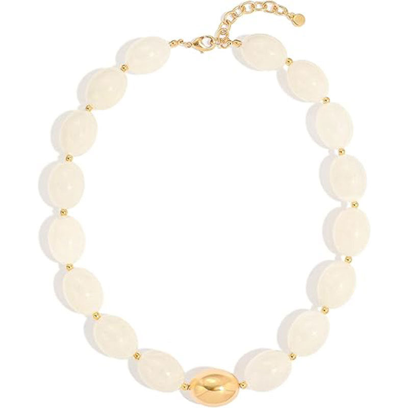 Boho Marbled Resin Oval Bead Statement Necklace - White