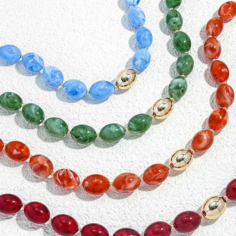 Boho Marbled Resin Oval Bead Statement Necklace