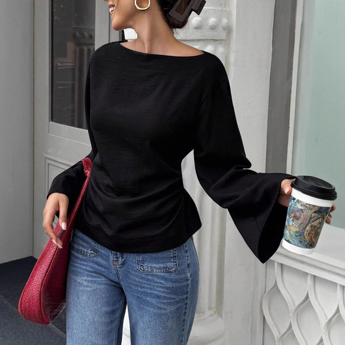 Bell Sleeve Boat Neck Tie Back Tee - Black