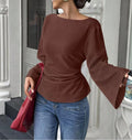 Bell Sleeve Boat Neck Tie Back Tee - Coffee