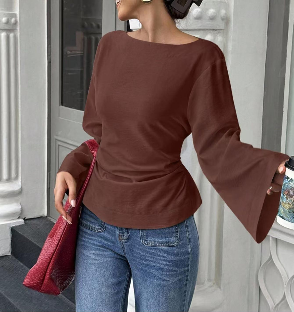 Bell Sleeve Boat Neck Tie Back Tee - Coffee