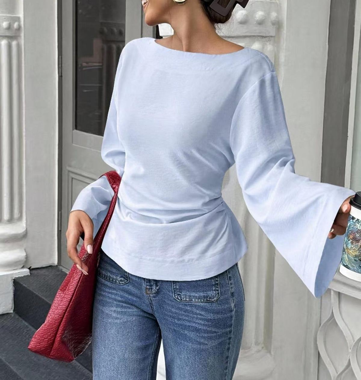 Bell Sleeve Boat Neck Tie Back Tee - LightBlue