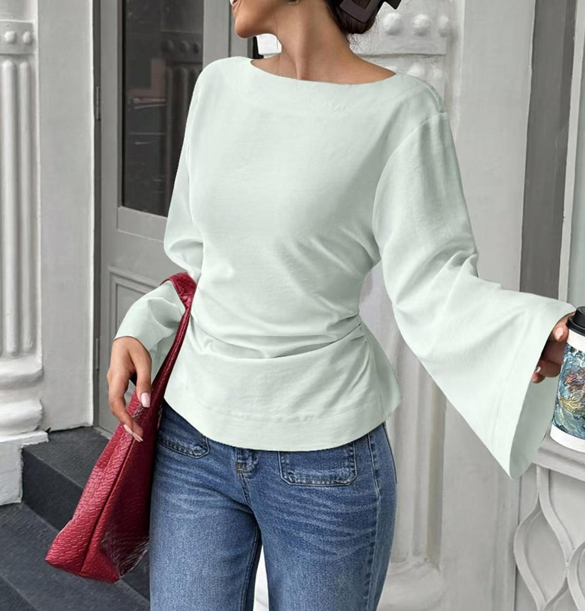 Bell Sleeve Boat Neck Tie Back Tee - LightGreen