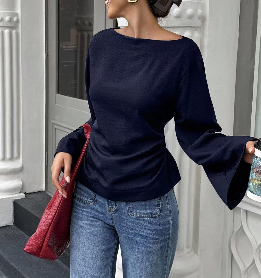 Bell Sleeve Boat Neck Tie Back Tee - Navy