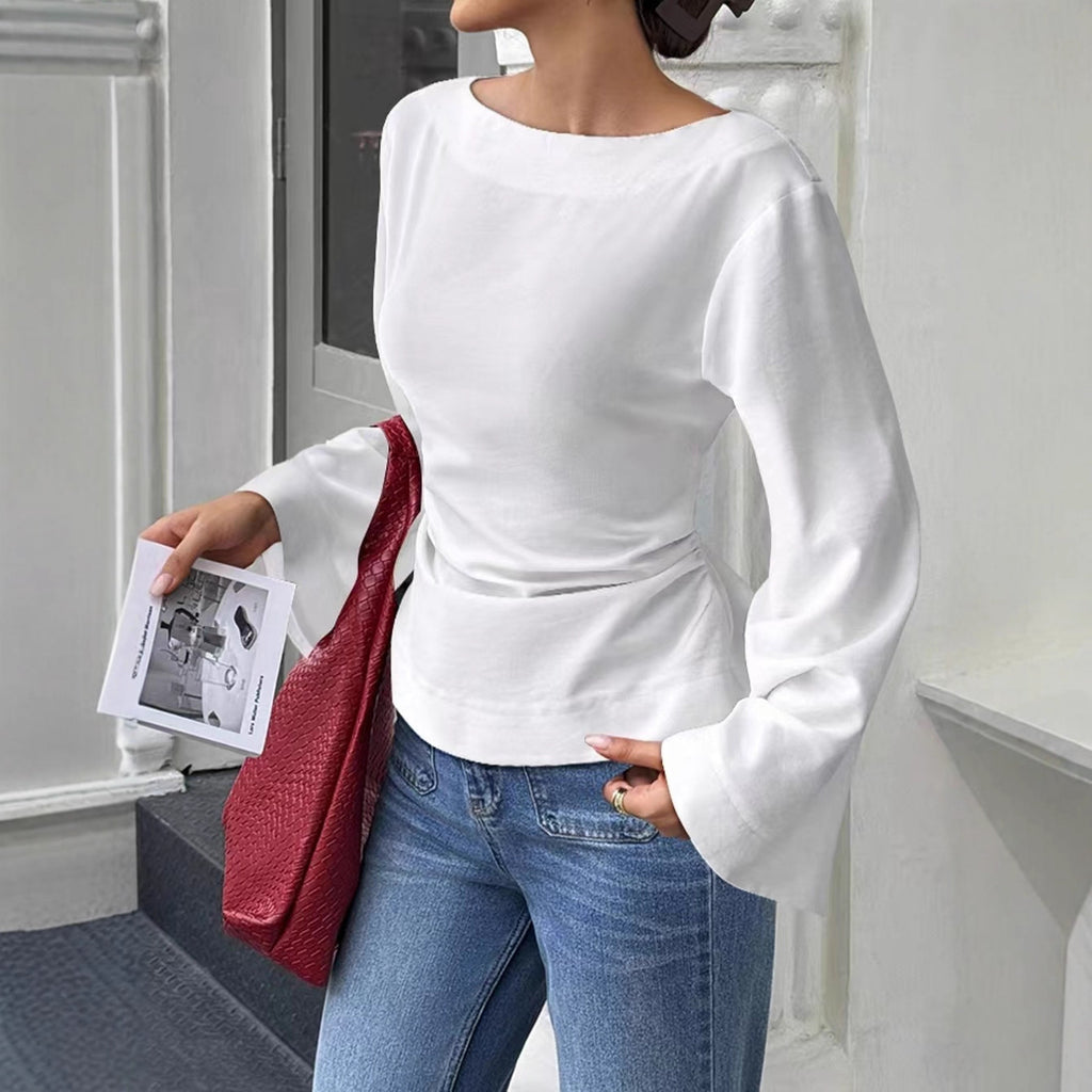 Bell Sleeve Boat Neck Tie Back Tee - White