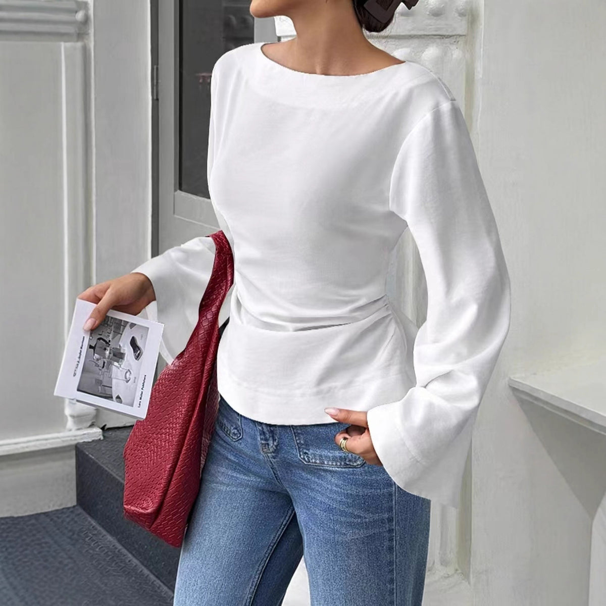 Bell Sleeve Boat Neck Tie Back Tee - White