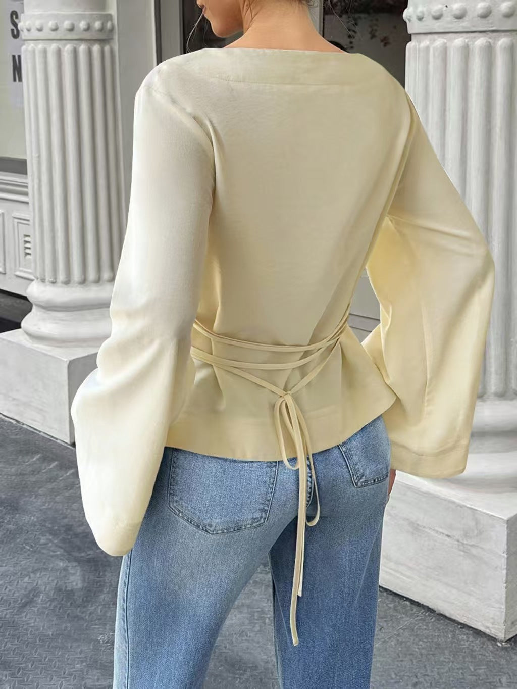 Bell Sleeve Boat Neck Tie Back Tee