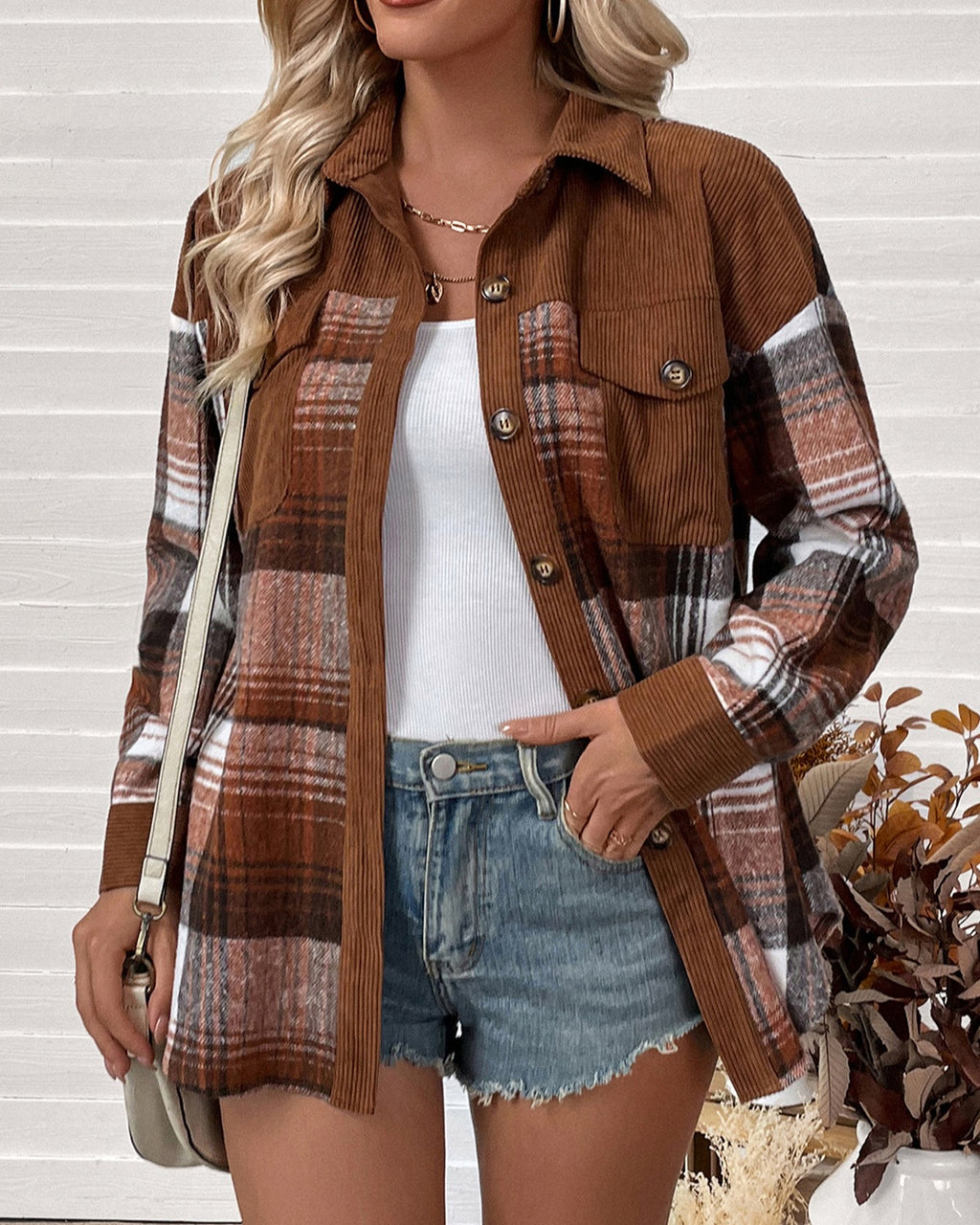 Patchwork Corduroy Plaid Button Up Shacket - Brown