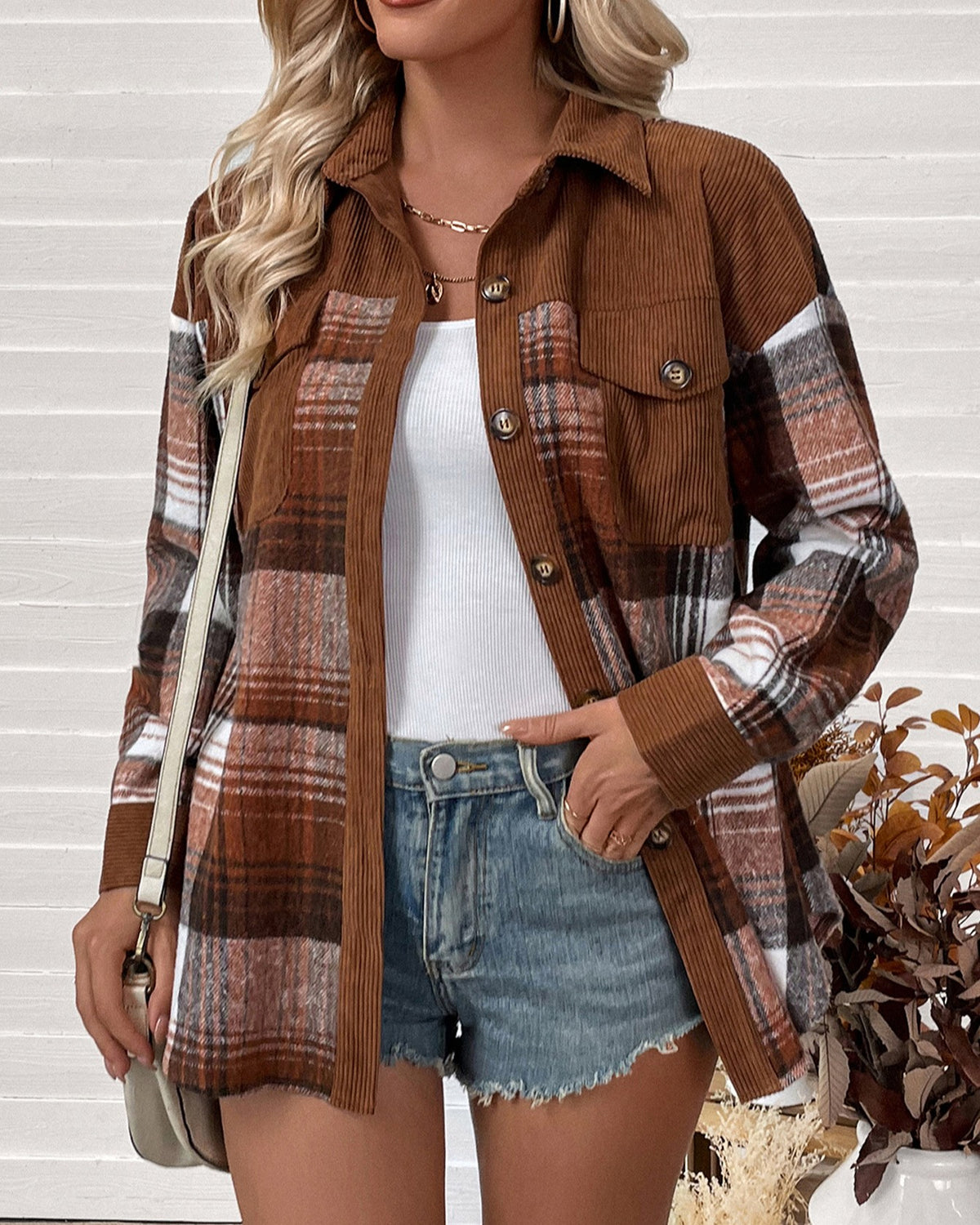 Patchwork Corduroy Plaid Button Up Shacket - Brown