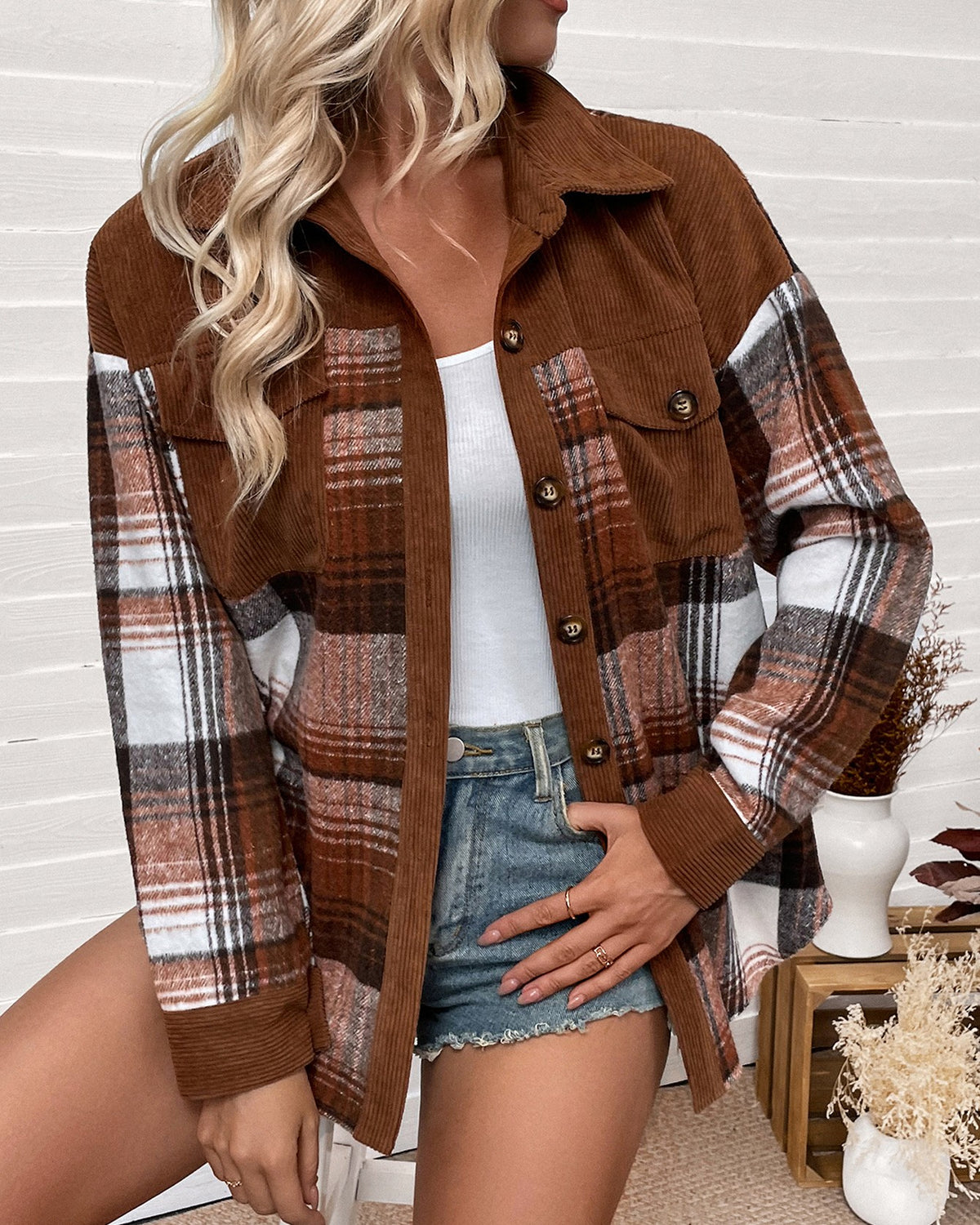 Patchwork Corduroy Plaid Button Up Shacket - Brown - 1