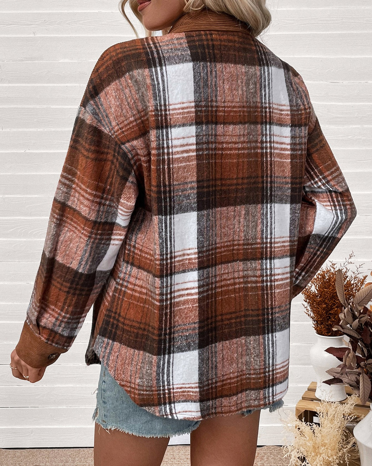 Patchwork Corduroy Plaid Button Up Shacket - Brown - 2