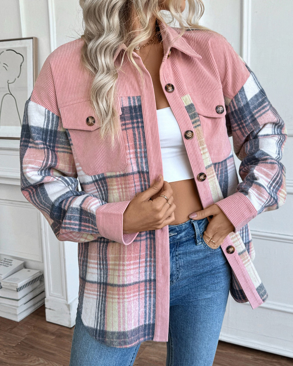 Patchwork Corduroy Plaid Button Up Shacket - Pink