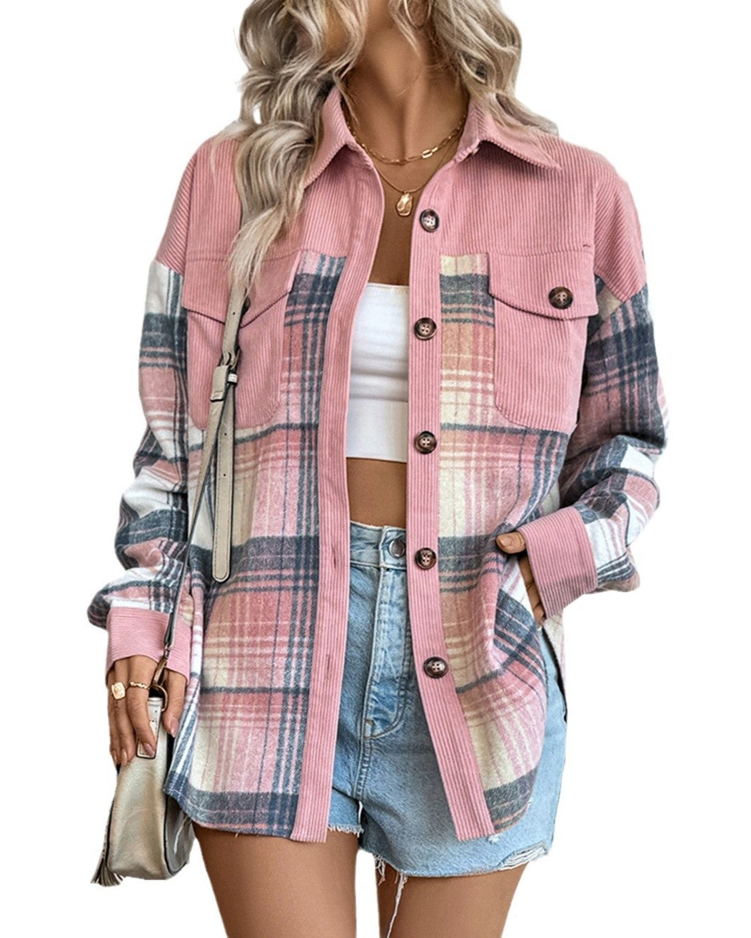 Patchwork Corduroy Plaid Button Up Shacket - Pink - 1