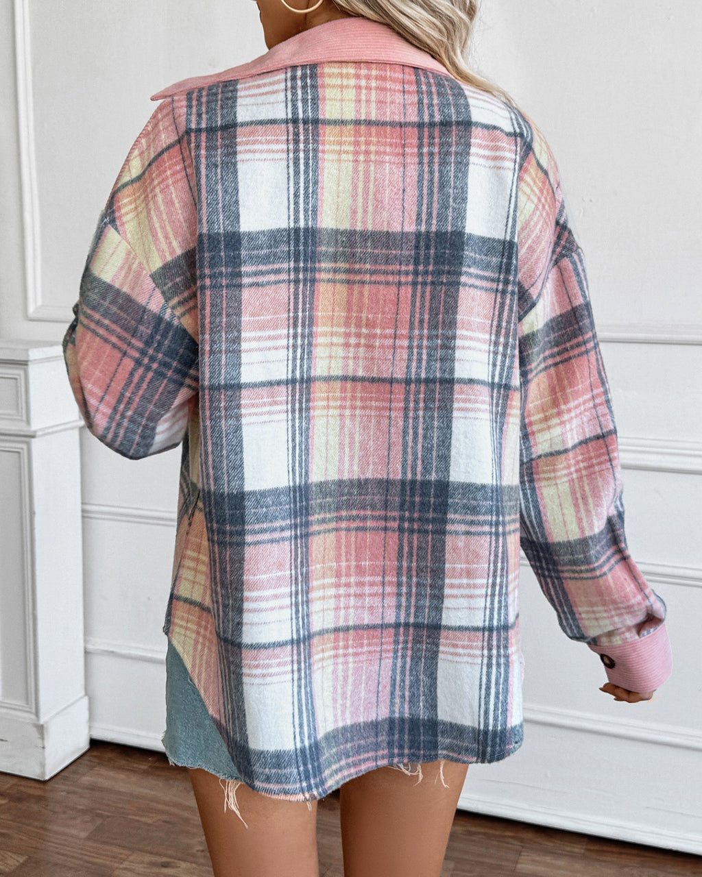 Patchwork Corduroy Plaid Button Up Shacket - Pink - 2