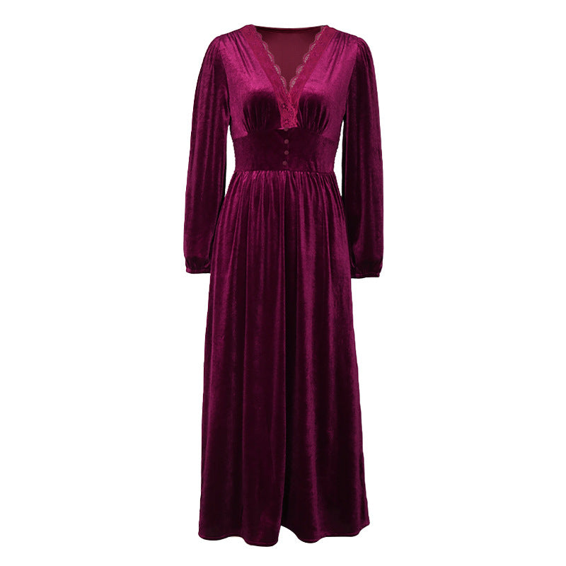 Lace Trim Velvet Maxi Dress - Winered