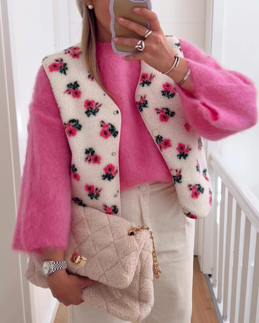 Ditsy Rose Sherpa Fleece Cropped Vest - Floral