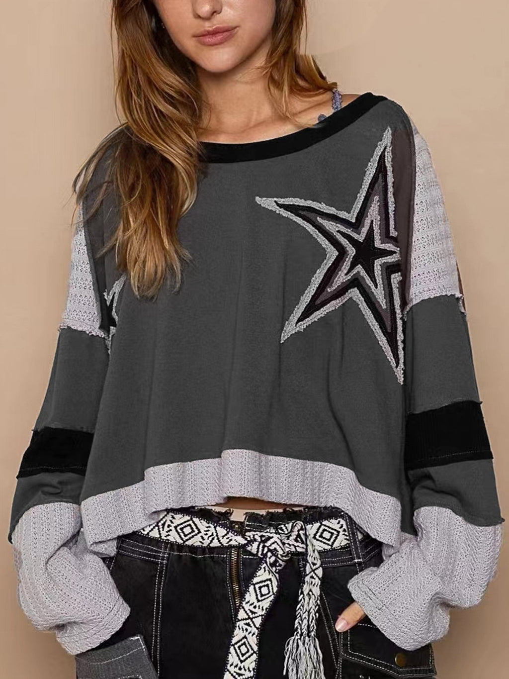 Star Patch Cropped Long Sleeve Boxy Tee - Grey