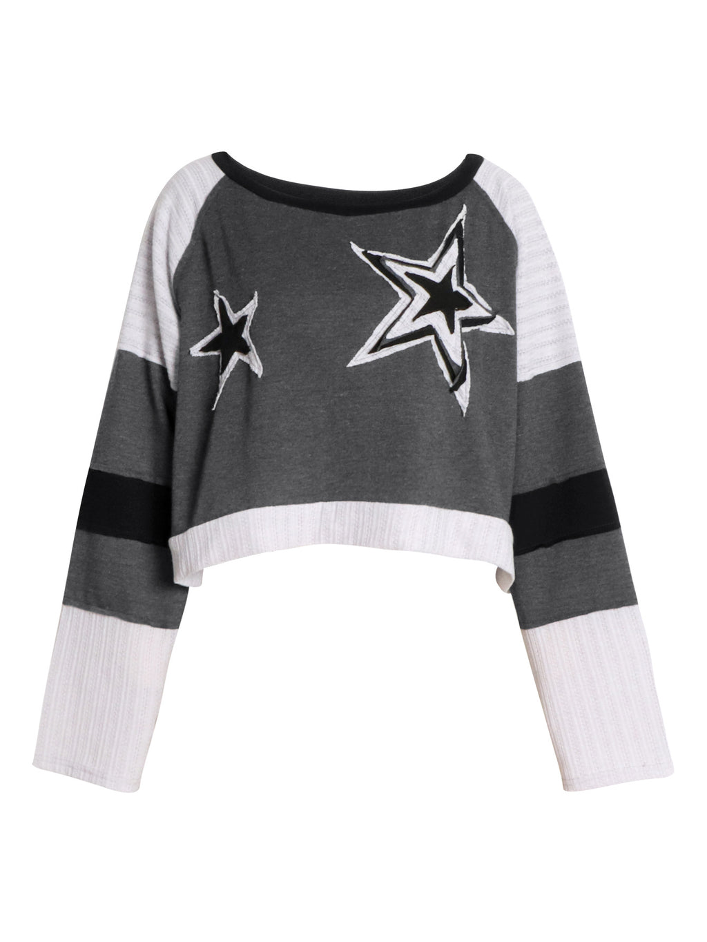 Star Patch Cropped Long Sleeve Boxy Tee - Grey - 1
