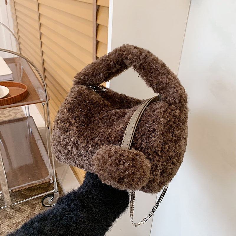 Teddy Fleece Pom Pom Mini Top Handle Bag - Chocolate