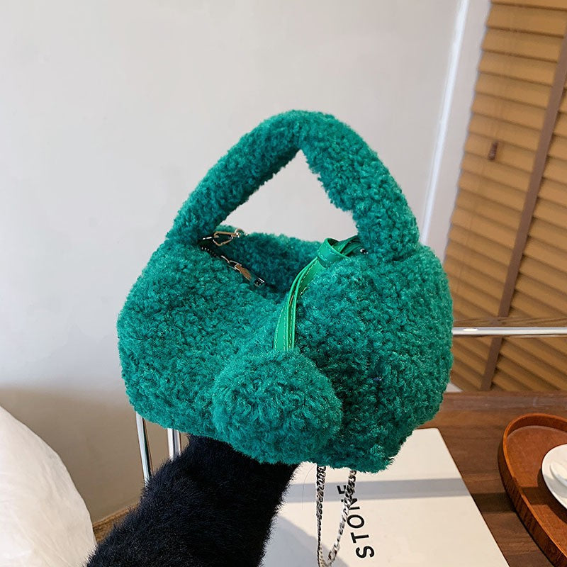 Teddy Fleece Pom Pom Mini Top Handle Bag - Emerald Green