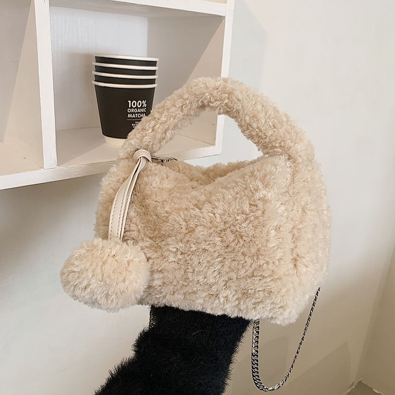 Teddy Fleece Pom Pom Mini Top Handle Bag