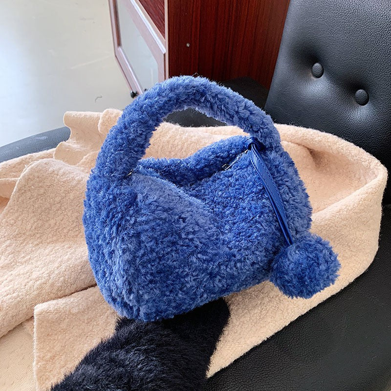 Teddy Fleece Pom Pom Mini Top Handle Bag