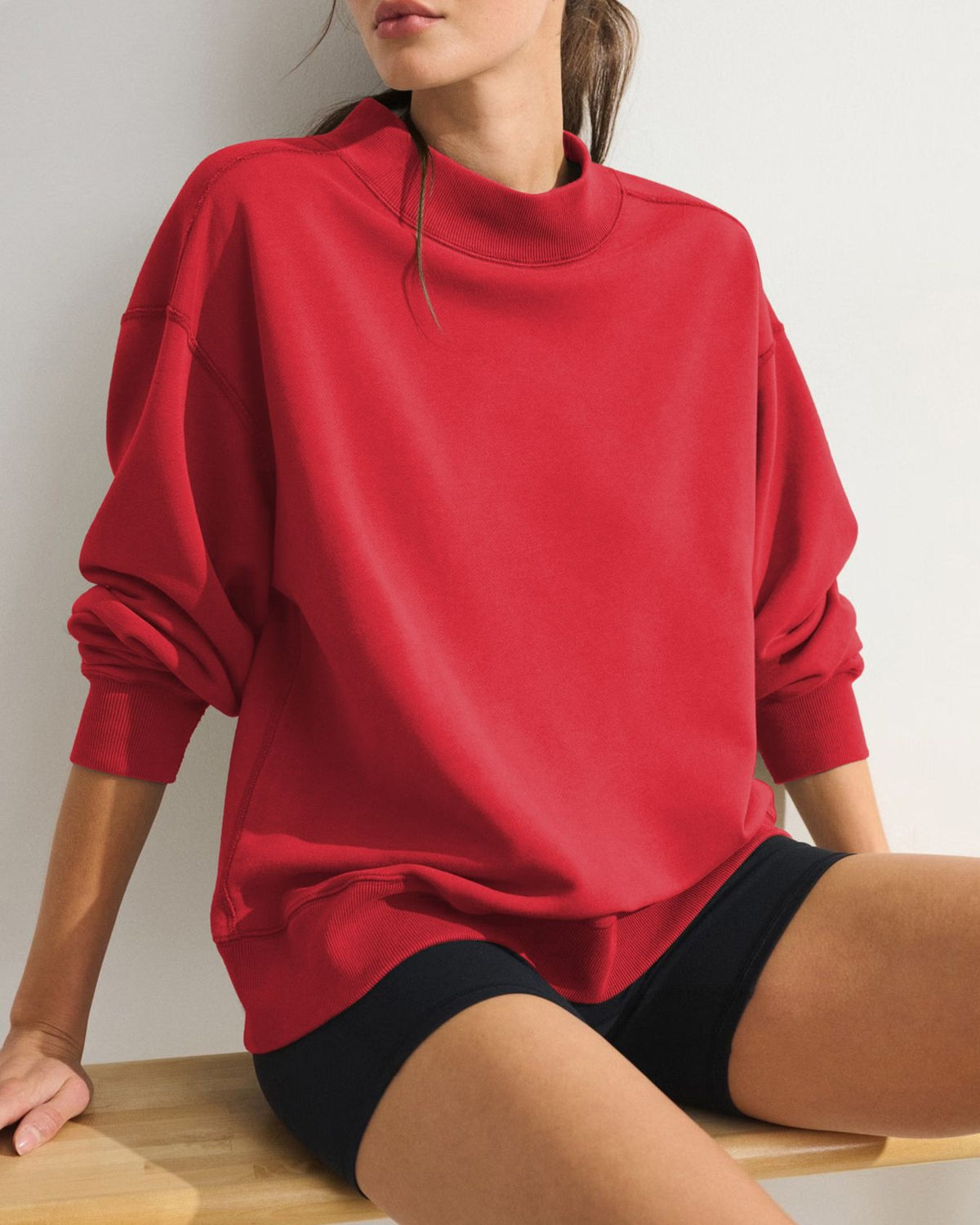 Oversized Mock Neck Drop Shoulder Sweatshirt - Red