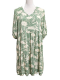 Tropical Floral Babydoll Mini Dress - Green