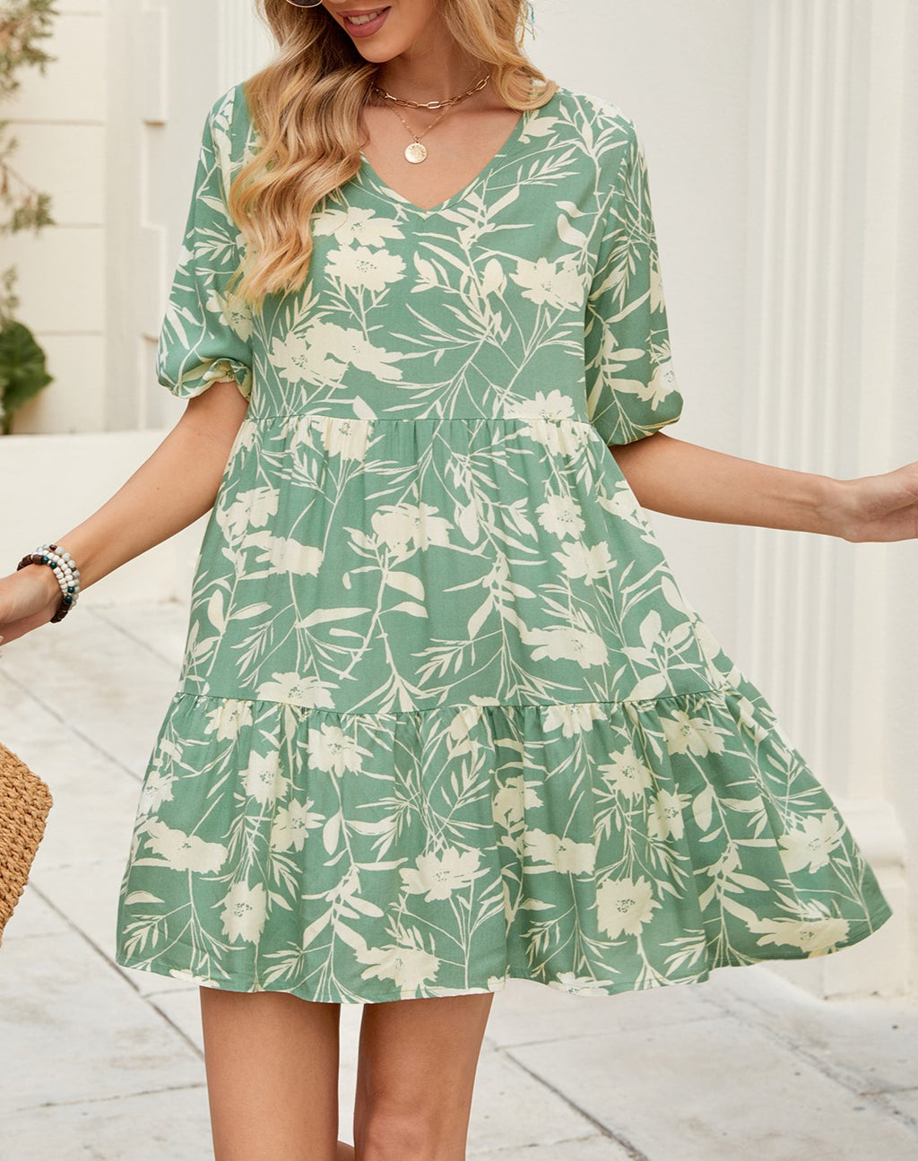 Tropical Floral Babydoll Mini Dress - Green - 2