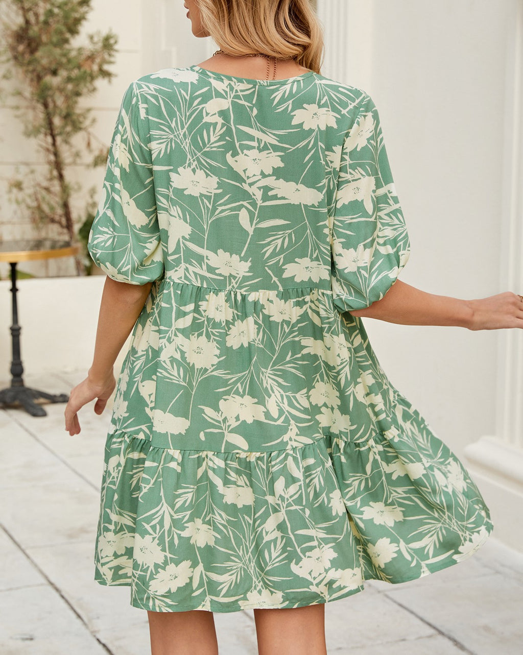 Tropical Floral Babydoll Mini Dress - Green - 4