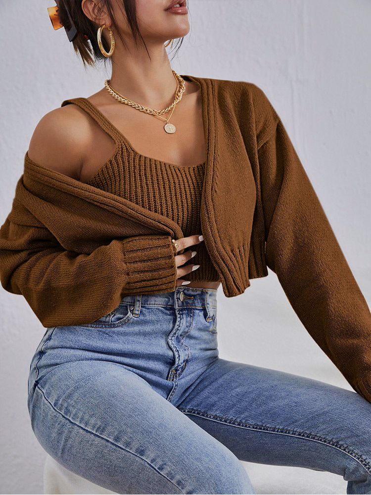 Cropped Knit Sweater and Camisole Set - Brown