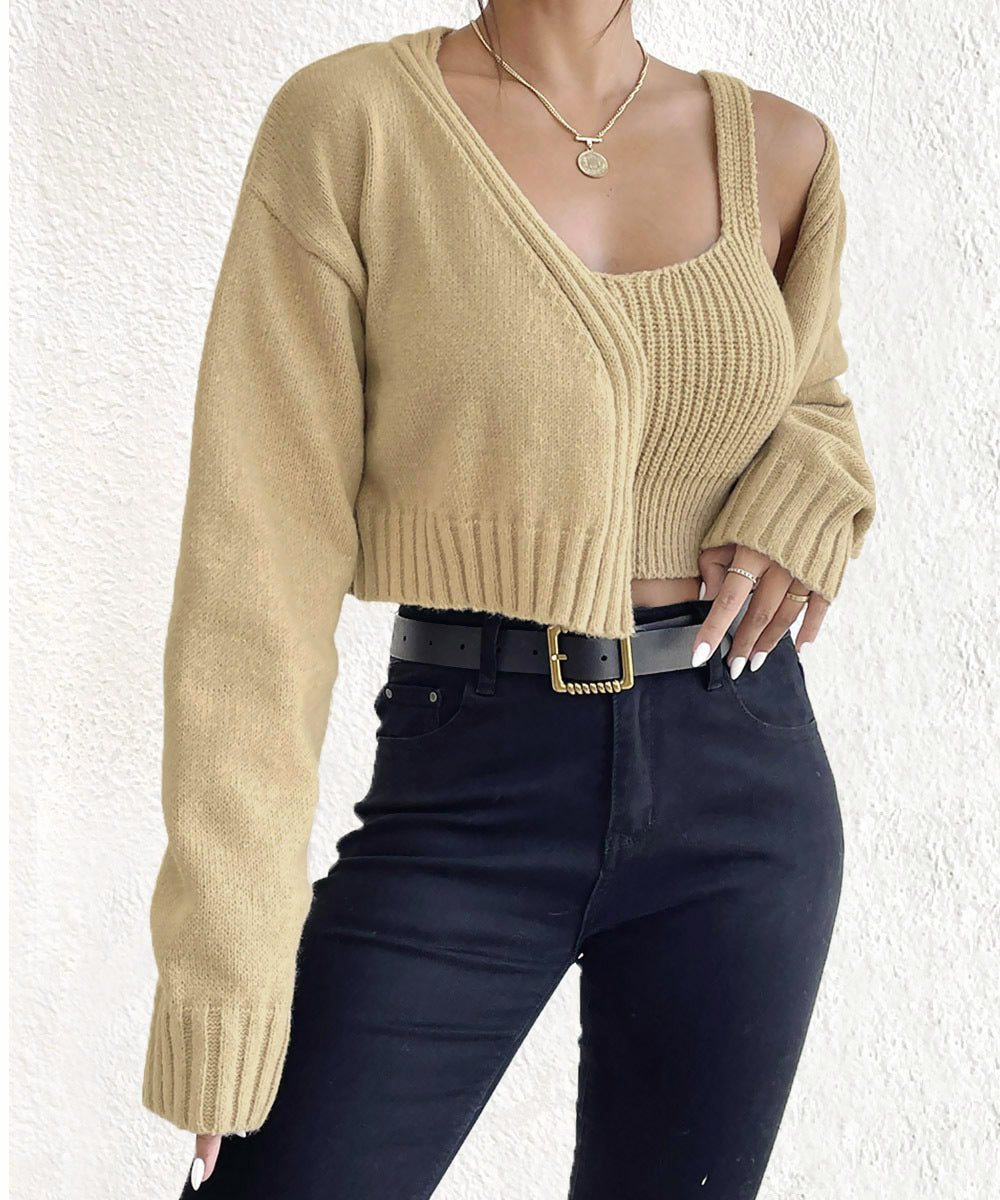 Cropped Knit Sweater and Camisole Set - Khaki