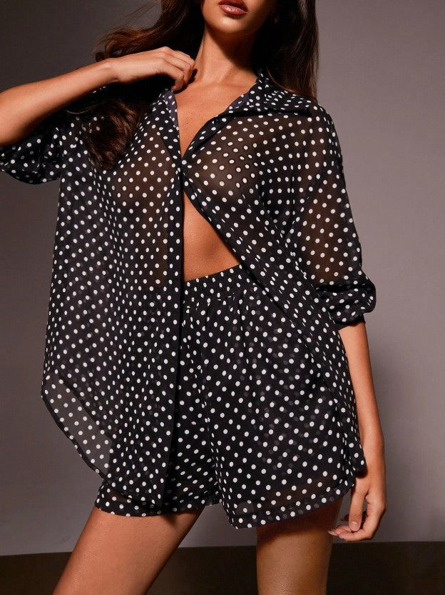 Dotted Chiffon Shirt And Shorts Two Piece - Black