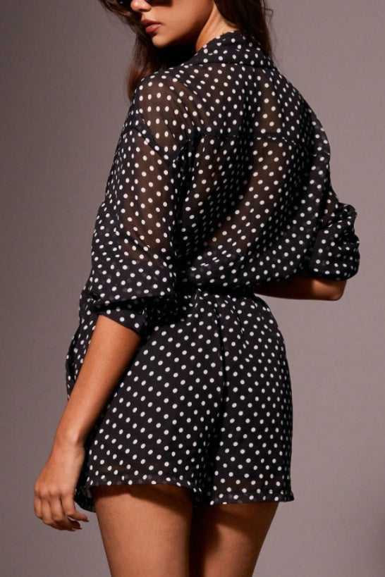 Dotted Chiffon Shirt And Shorts Two Piece - Black - 1