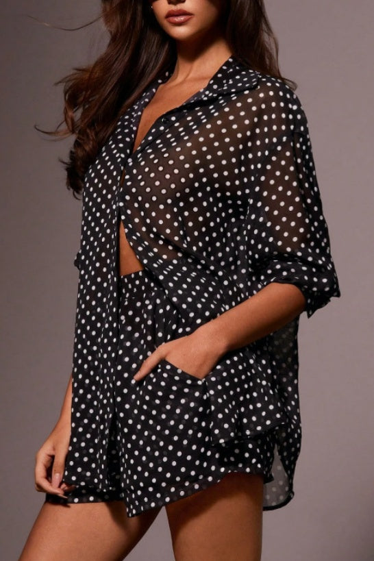 Dotted Chiffon Shirt And Shorts Two Piece - Black - 3