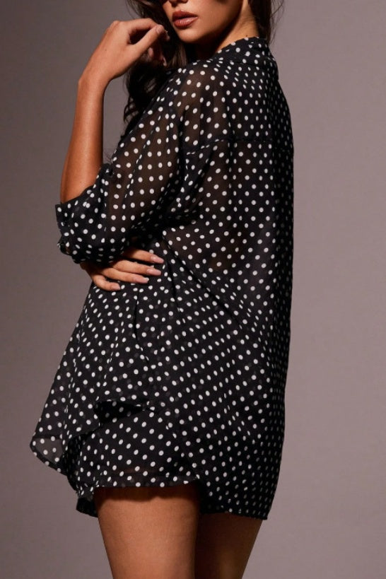 Dotted Chiffon Shirt And Shorts Two Piece - Black - 4