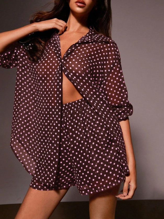 Dotted Chiffon Shirt And Shorts Two Piece - Burgundy