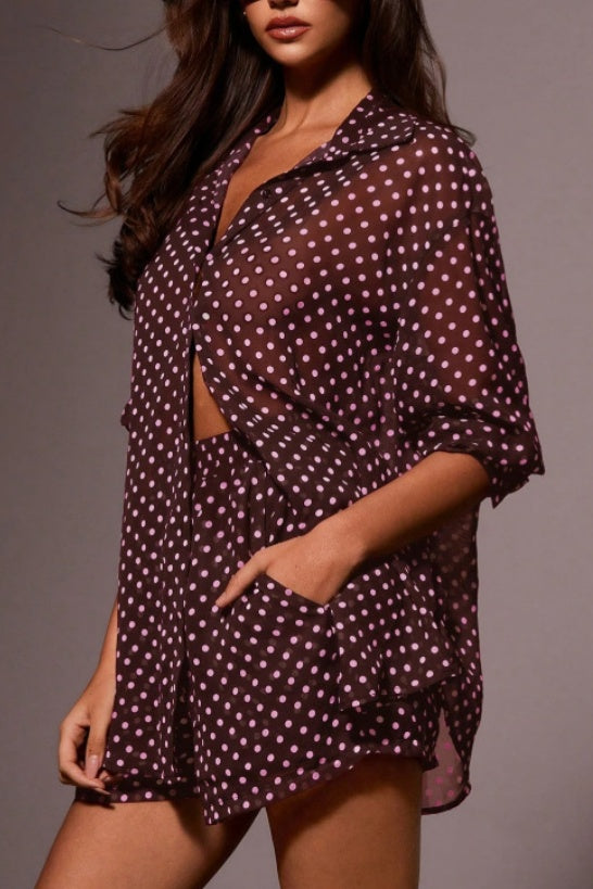 Dotted Chiffon Shirt And Shorts Two Piece - Burgundy - 2