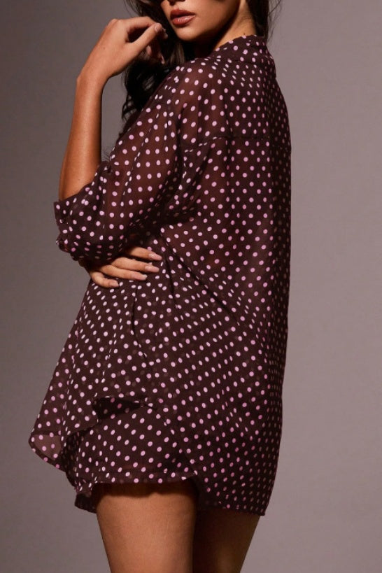 Dotted Chiffon Shirt And Shorts Two Piece - Burgundy - 3