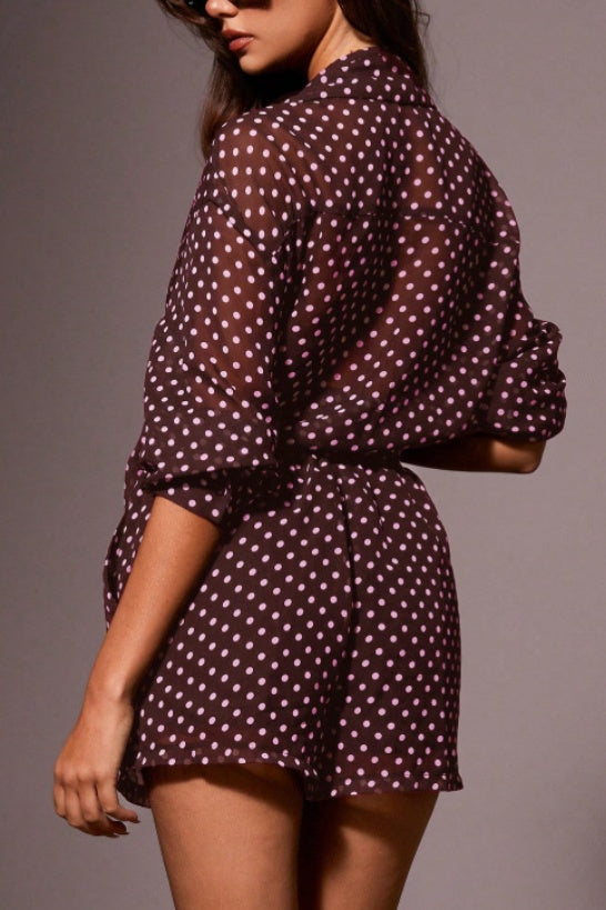 Dotted Chiffon Shirt And Shorts Two Piece - Burgundy - 4