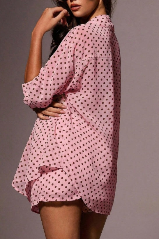 Dotted Chiffon Shirt And Shorts Two Piece - Pink - 3
