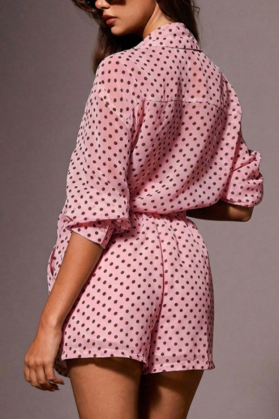 Dotted Chiffon Shirt And Shorts Two Piece - Pink - 4