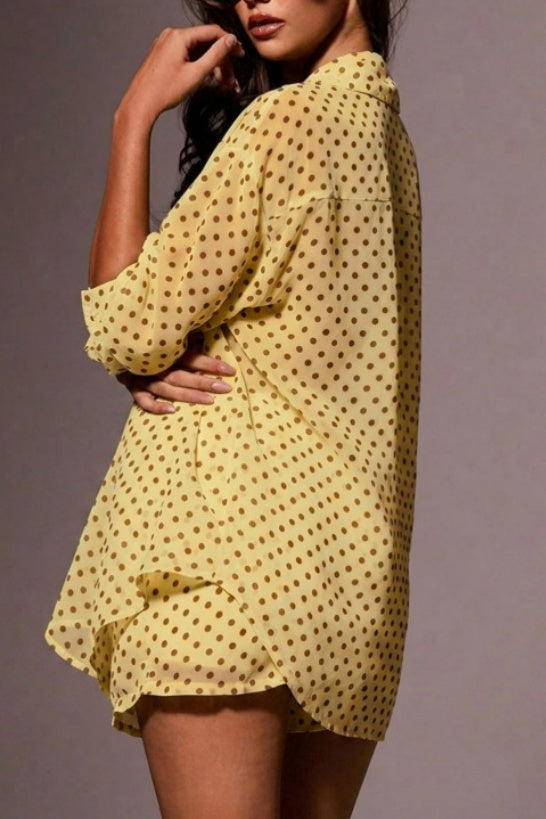 Dotted Chiffon Shirt And Shorts Two Piece - Yellow - 3