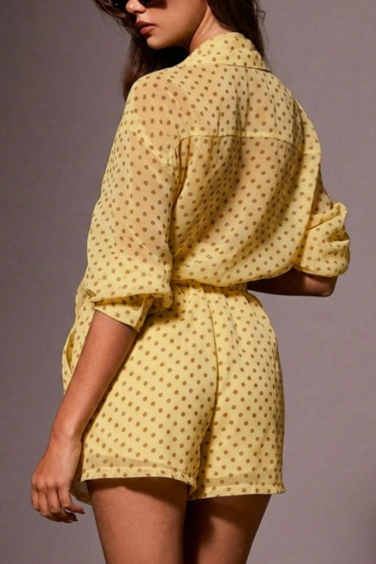 Dotted Chiffon Shirt And Shorts Two Piece - Yellow - 4