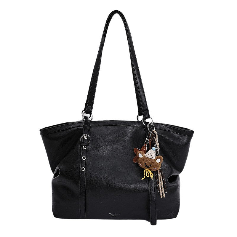 Vintage Faux Leather Slouchy Tote Bag - Black