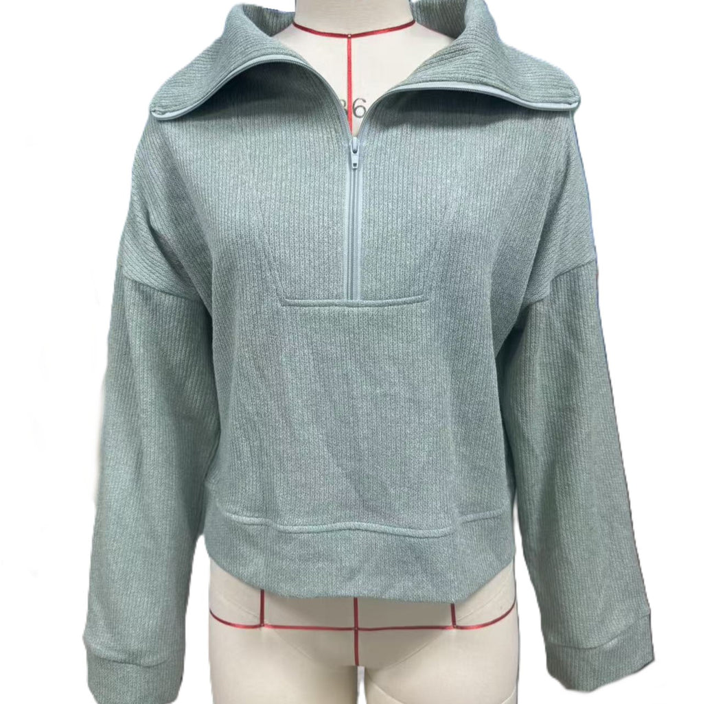 Half Zip Pullover Sweatshirt With Lapel Collar - Green - 1