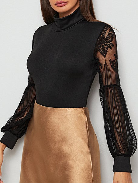 Mock Neck Sheer Lace Sleeve Bodysuit - Black