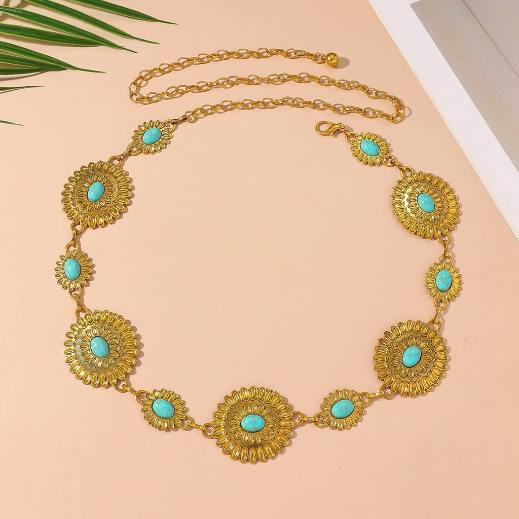 Ornate Floral Medallion Turquoise Waist Chain - Gold - 1