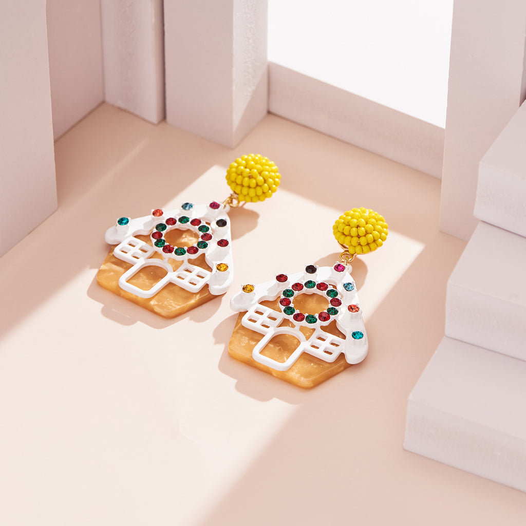 Gingerbread House Drop Earrings - Yellow - 3
