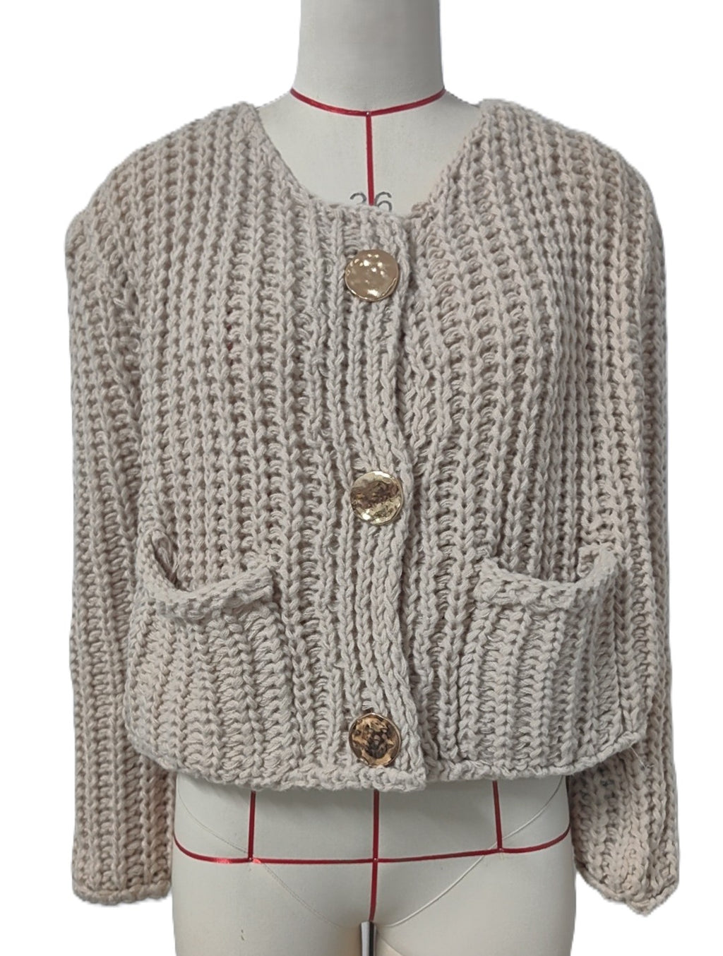 Ribbed Knit Cardigan With Patch Pockets - Apricot